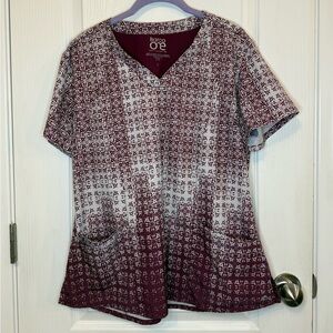 Barco Uniforms Women's Patterned Burgundy and White Scrub Top